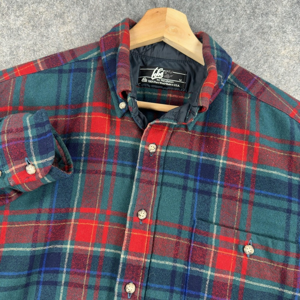 Vintage Lobo By Pendleton Shirt Mens Medium‎ Green Plaid Wool Flannel Lined USA